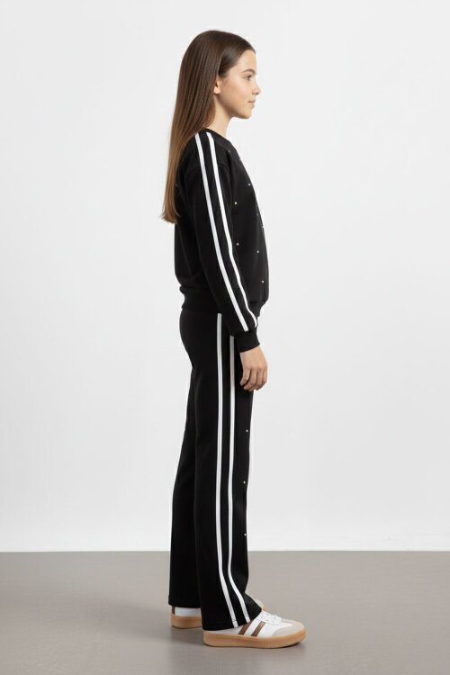 Siyah İnci İşlemeli Bisiklet Yaka Kız Çocuk Şeritli Eşofman Takımı 21291