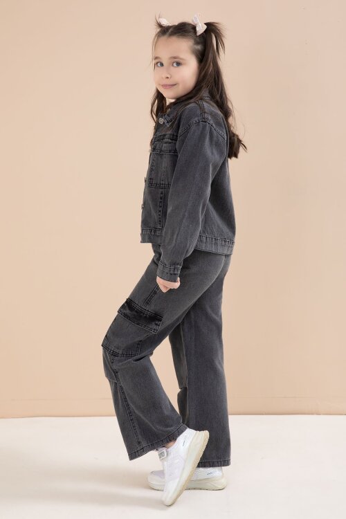 Siyah Jean Ceketli Kargo Cepli  Pantolonlu Kız Çocuk Badili 3lü Alt Üst Takım 23613