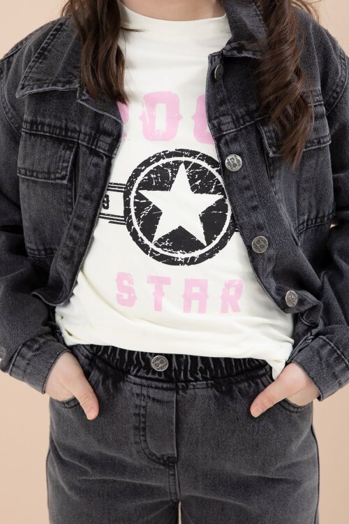 Siyah Jean Ceketli Kargo Cepli  Pantolonlu Kız Çocuk Badili 3lü Alt Üst Takım 23613