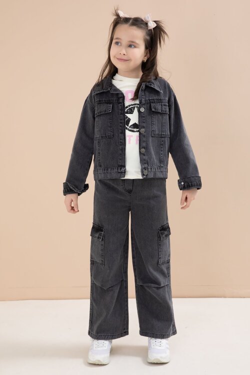 Siyah Jean Ceketli Kargo Cepli  Pantolonlu Kız Çocuk Badili 3lü Alt Üst Takım 23613