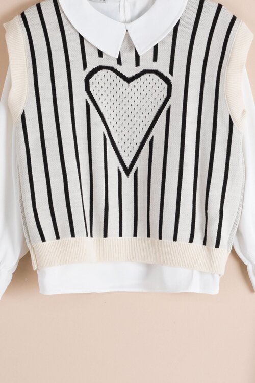 Siyah Kalp Desen Süveterli Gömlekli Kız Çocuk Pantolonlu 3lü Takım 23733