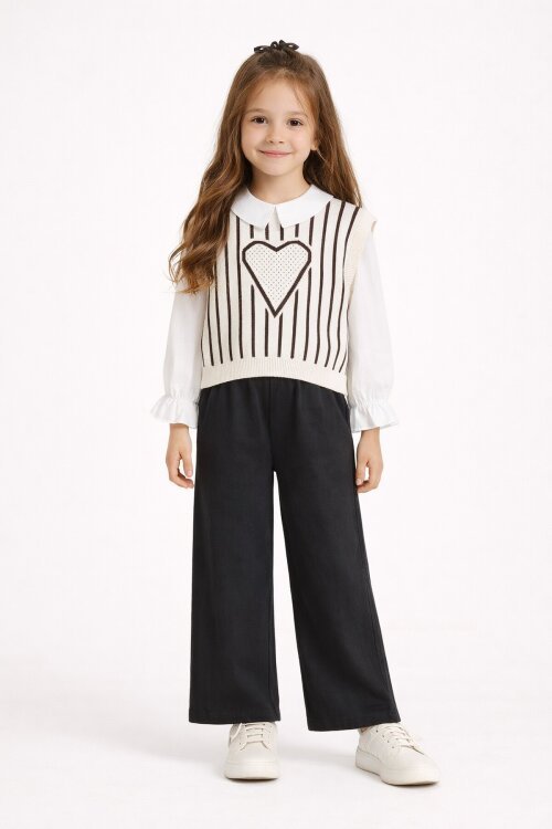 Siyah Kalp Desen Süveterli Gömlekli Kız Çocuk Pantolonlu 3lü Takım 23733