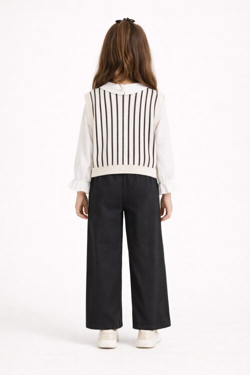 Siyah Kalp Desen Süveterli Gömlekli Kız Çocuk Pantolonlu 3lü Takım 23733