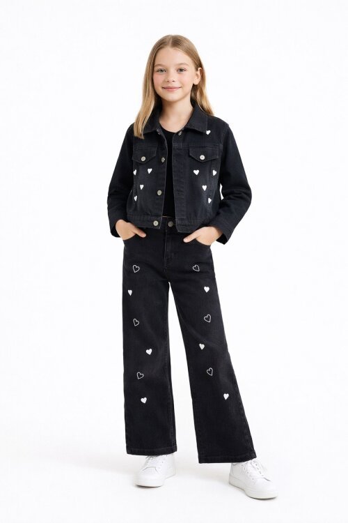 Siyah Kalp Desenli Düğmeli Ceketli Pantolonlu Kız Çocuk Jean Takım 23476