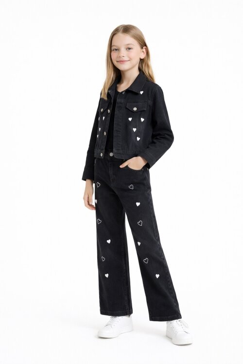 Siyah Kalp Desenli Düğmeli Ceketli Pantolonlu Kız Çocuk Jean Takım 23476