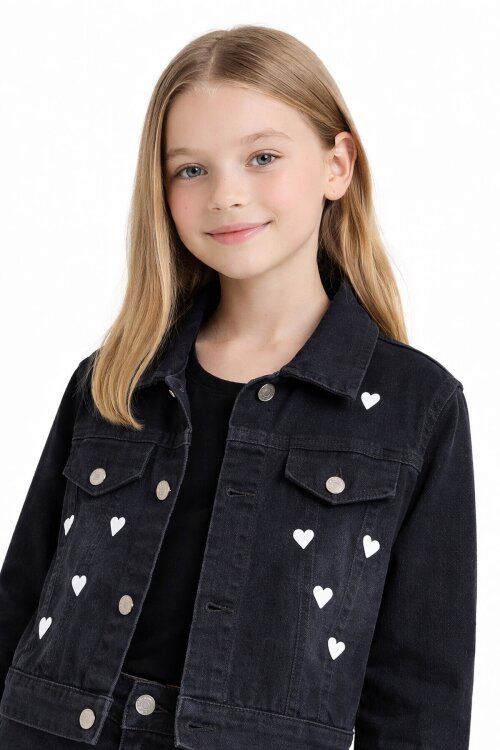 Siyah Kalp Desenli Düğmeli Ceketli Pantolonlu Kız Çocuk Jean Takım 23476