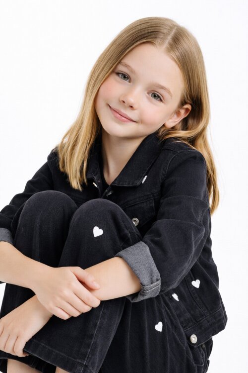 Siyah Kalp Desenli Düğmeli Ceketli Pantolonlu Kız Çocuk Jean Takım 23476