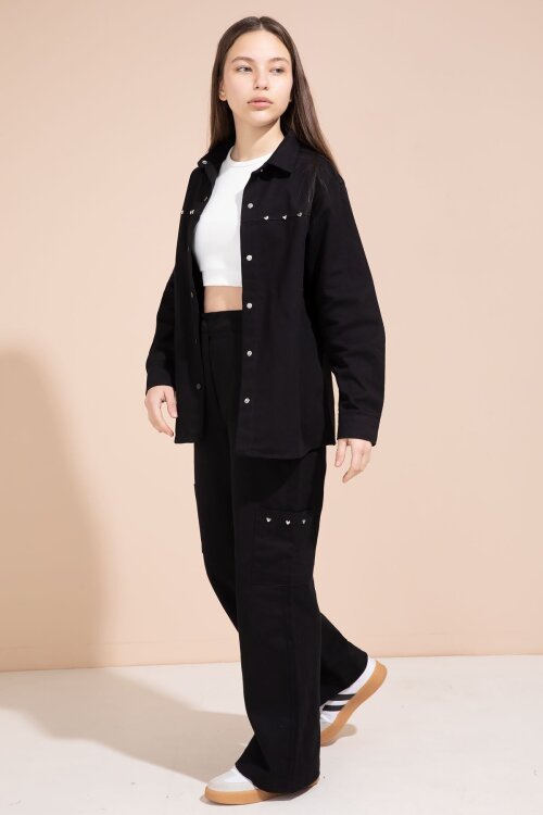 Siyah Kalp İşlemeli Gömlekli Geniş Paça Pantolonlu Kız Çocuk Gabardin Takım 23551