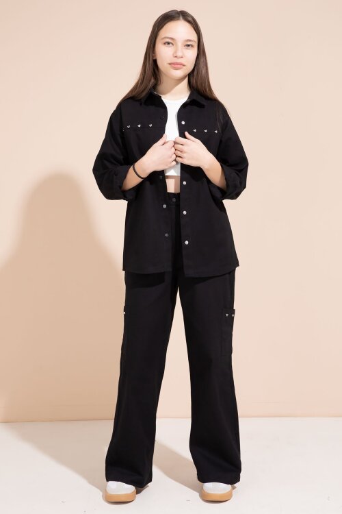 Siyah Kalp İşlemeli Gömlekli Geniş Paça Pantolonlu Kız Çocuk Gabardin Takım 23551