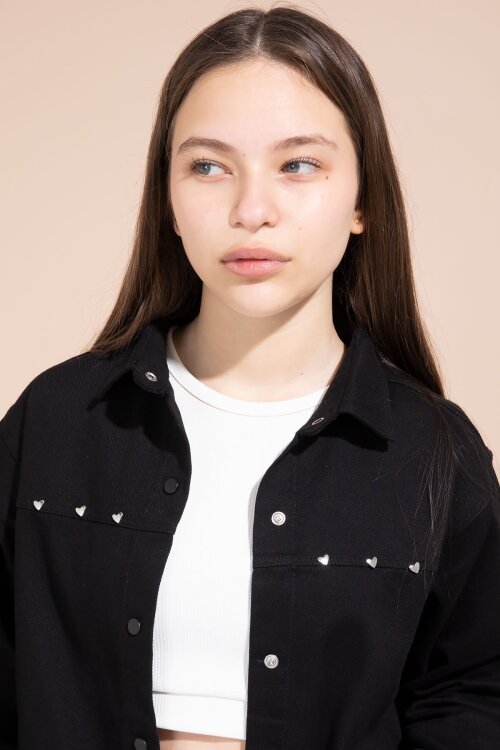 Siyah Kalp İşlemeli Gömlekli Geniş Paça Pantolonlu Kız Çocuk Gabardin Takım 23551