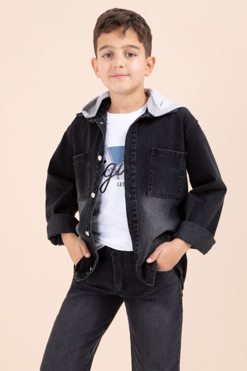 Siyah Kapüşonlu Ceketli Pantolonlu Erkek Çocuk 3lü Jean Takım  23623