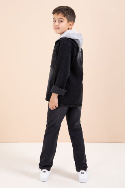 Siyah Kapüşonlu Ceketli Pantolonlu Erkek Çocuk 3lü Jean Takım  23623