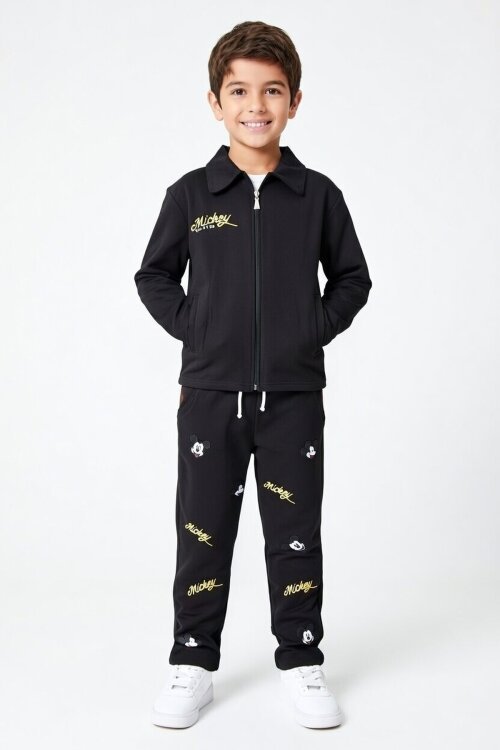 Siyah Karakter Baskılı Jean Ceketli Pantolonlu Erkek Çocuk 3lü Takım 23516