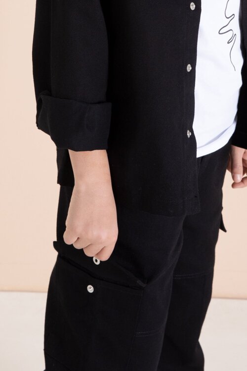 Siyah Kargo Cepli Jean Ceketli ve Pantolonlu Erkek Çocuk Tişörtlü 3lü Takım  23535