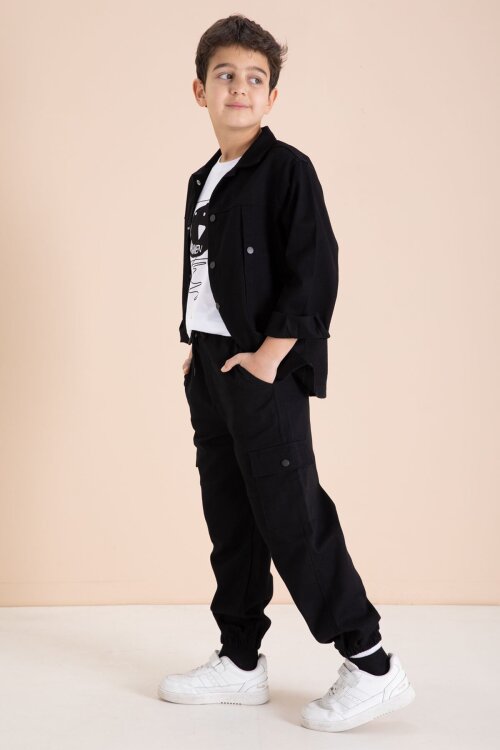 Siyah Kargo Cepli Jean Ceketli ve Pantolonlu Erkek Çocuk Tişörtlü 3lü Takım  23535