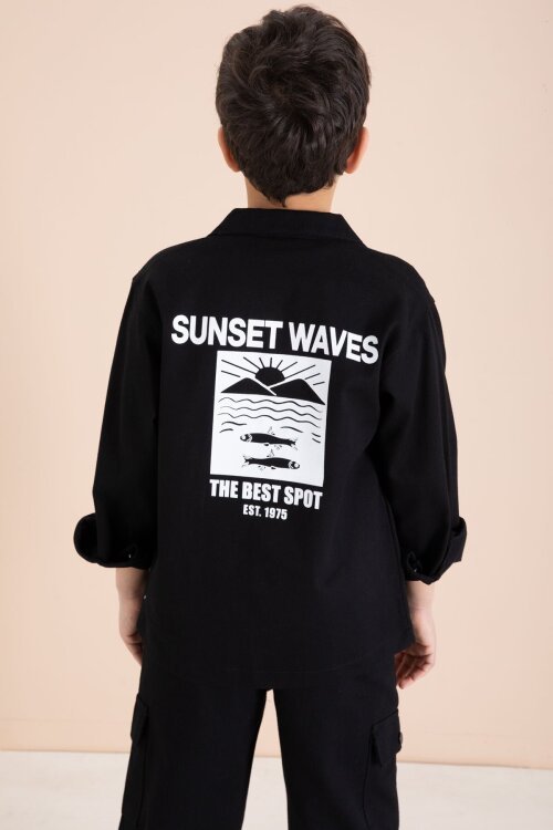 Siyah Kargo Cepli Jean Ceketli ve Pantolonlu Erkek Çocuk Tişörtlü 3lü Takım  23535