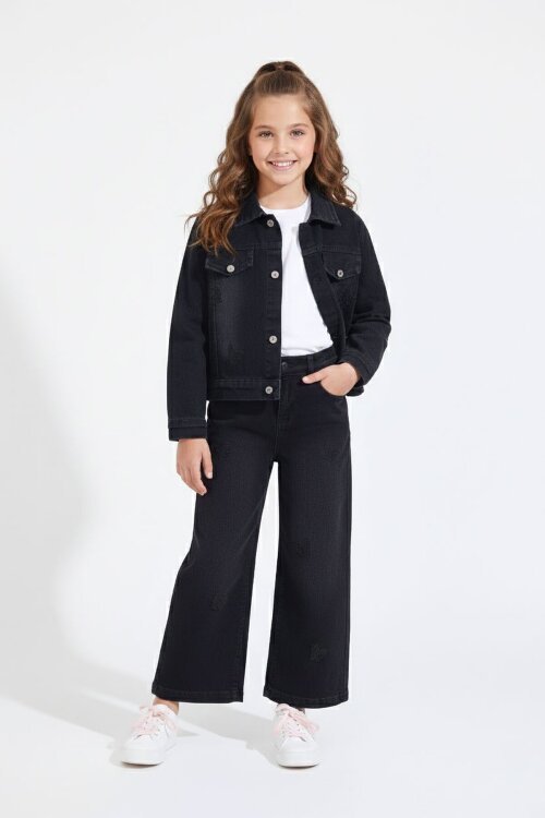 Siyah Kelebek Nakışlı Düğmeli Ceketli Pantolonlu Kız Çocuk Jean Takım 23445