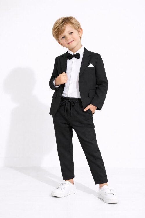 Siyah Keten Ceket ve Pantolonlu Erkek Çocuk Papyonlu 4lü Takım Elbise  23521