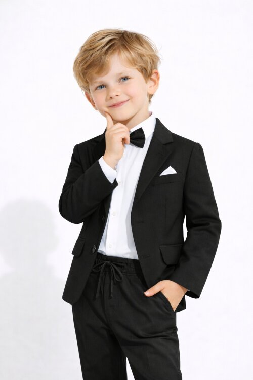 Siyah Keten Ceket ve Pantolonlu Erkek Çocuk Papyonlu 4lü Takım Elbise  23521
