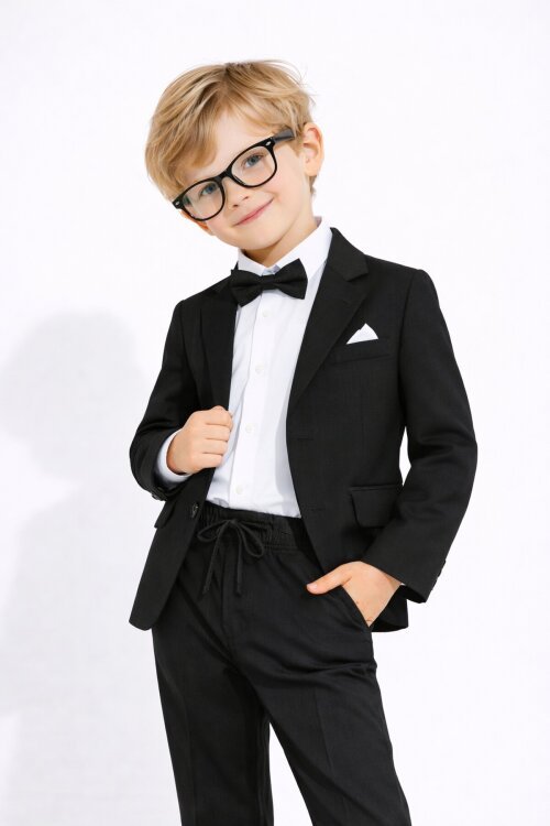 Siyah Keten Ceket ve Pantolonlu Erkek Çocuk Papyonlu 4lü Takım Elbise  23521