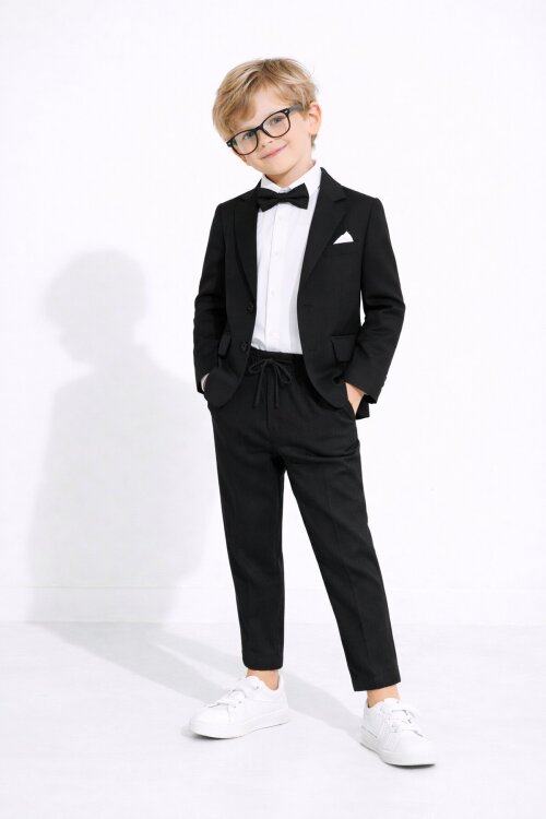 Siyah Keten Ceket ve Pantolonlu Erkek Çocuk Papyonlu 4lü Takım Elbise  23521