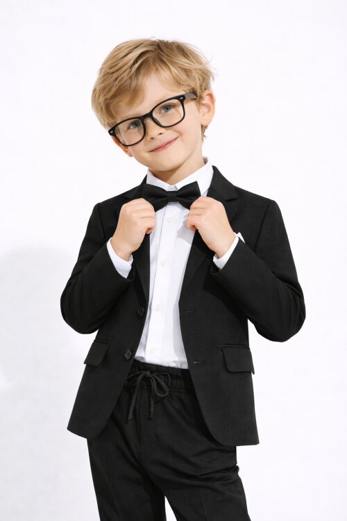 Siyah Keten Ceket ve Pantolonlu Erkek Çocuk Papyonlu 4lü Takım Elbise  23521