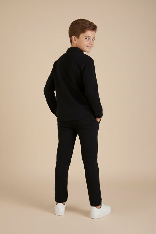 Siyah Keten Gömlekli Pantolonlu Erkek Çocuk 3lü Alt Üst Takım  23571