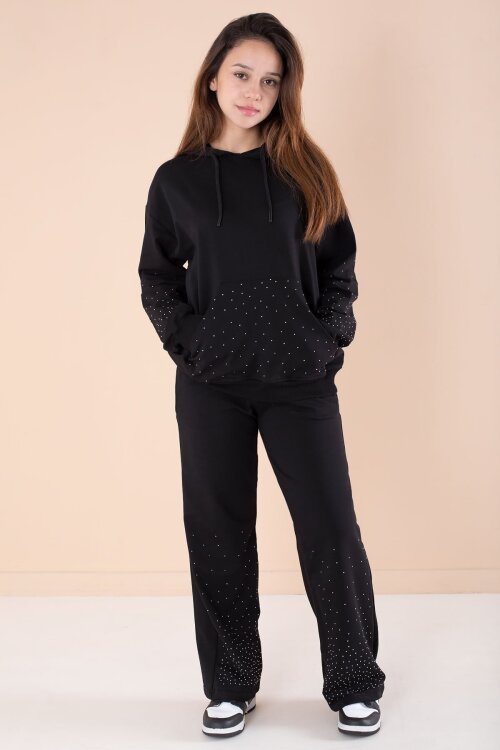 Siyah Kız Çocuk Taş Detaylı 2li Takım 21183