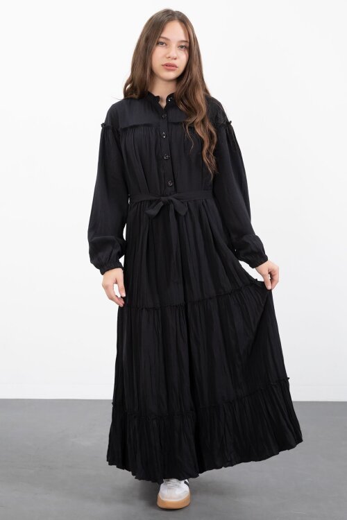 Siyah Kolları Büzgülü Kuşaklı Kız Çocuk Uzun Elbise  23398