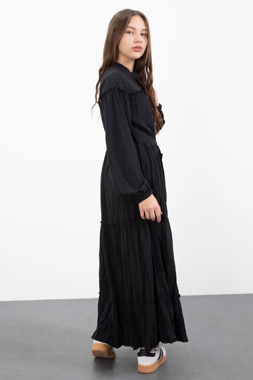 Siyah Kolları Büzgülü Kuşaklı Kız Çocuk Uzun Elbise  23398