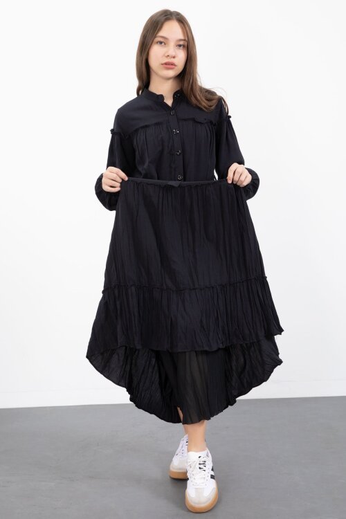 Siyah Kolları Büzgülü Kuşaklı Kız Çocuk Uzun Elbise  23398