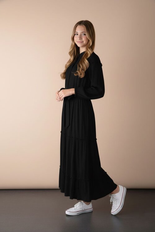 Siyah Kolları Büzgülü Kuşaklı Kız Çocuk Uzun Elbise  23398