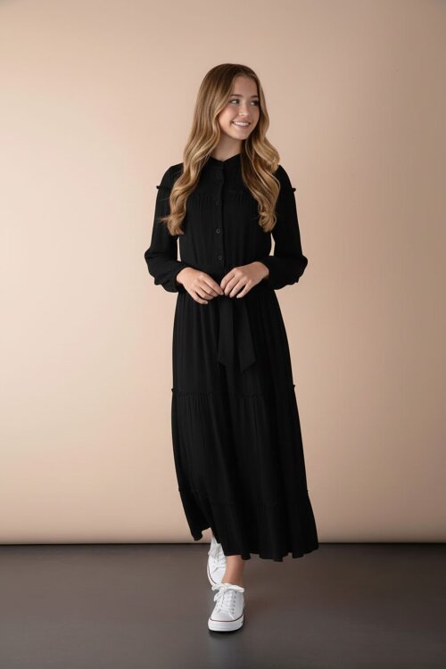 Siyah Kolları Büzgülü Kuşaklı Kız Çocuk Uzun Elbise  23398