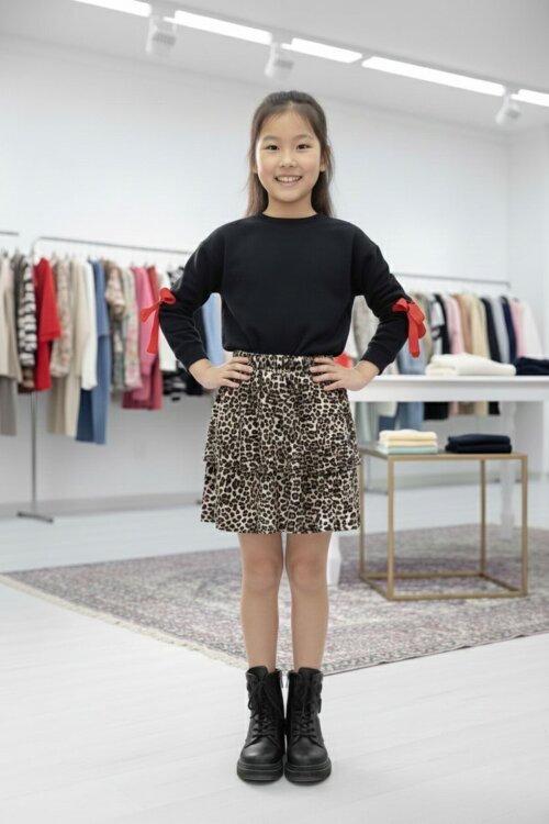 Siyah Kolları Fiyonk Detaylı Badili Leopar Etekli Kız Çocuk Takım 20190