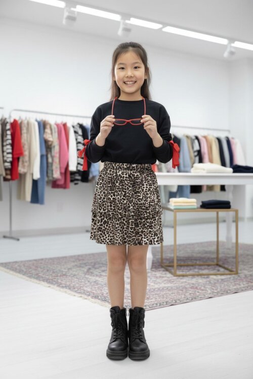 Siyah Kolları Fiyonk Detaylı Badili Leopar Etekli Kız Çocuk Takım 20190