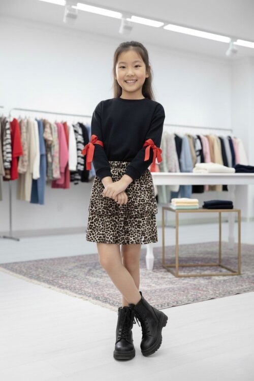 Siyah Kolları Fiyonk Detaylı Badili Leopar Etekli Kız Çocuk Takım 20190