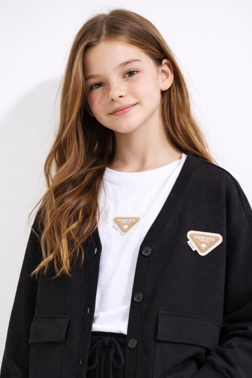 Siyah Logo Detaylı Düğmeli Hırkalı kız Çocuk Yırtmaçlı 3lü Atl-Üst Takım 21374
