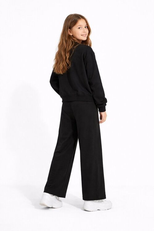 Siyah Logo Detaylı Düğmeli Hırkalı kız Çocuk Yırtmaçlı 3lü Atl-Üst Takım 21374