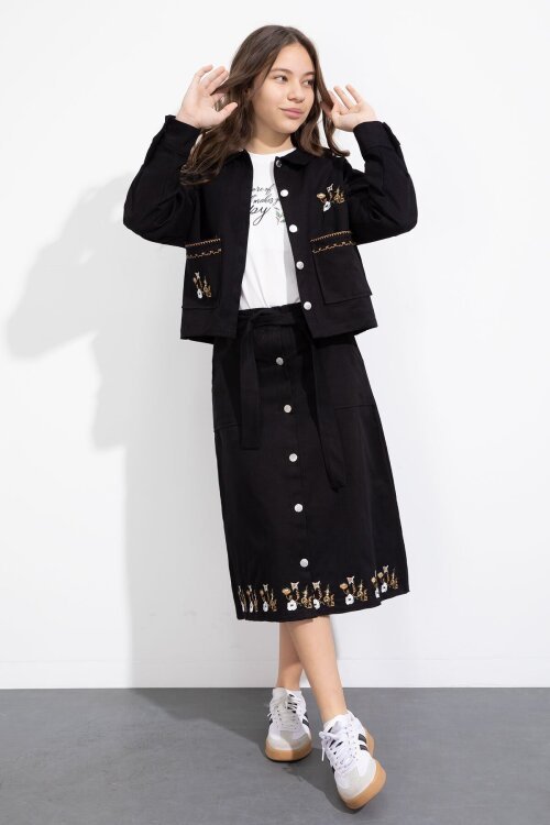 Siyah Nakış Detaylı Jean Ceketli Kuşaklı Etekli Kız Çocuk 3lü Takım  23501