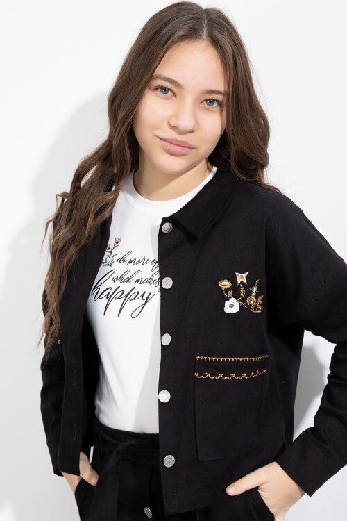 Siyah Nakış Detaylı Jean Ceketli Kuşaklı Etekli Kız Çocuk 3lü Takım  23501