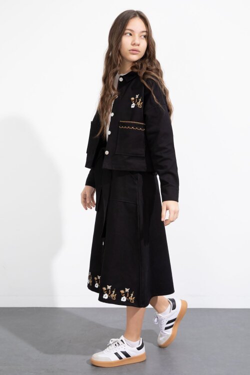 Siyah Nakış Detaylı Jean Ceketli Kuşaklı Etekli Kız Çocuk 3lü Takım  23501