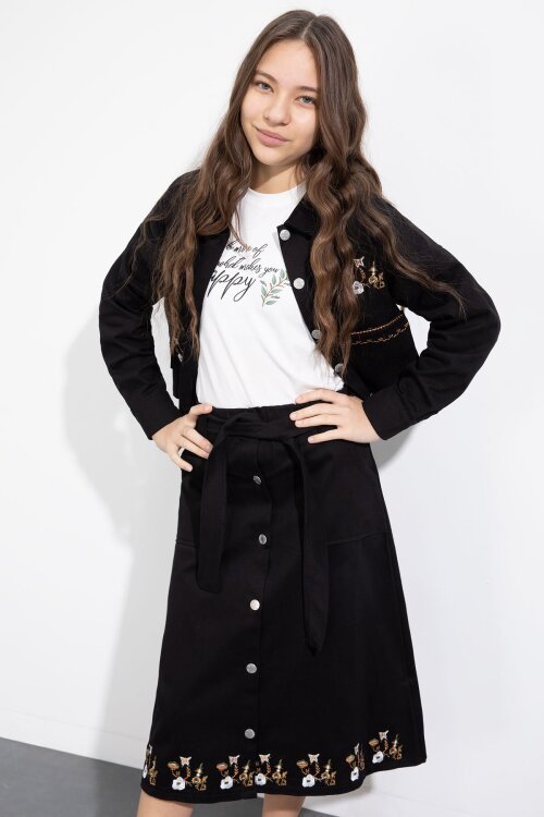 Siyah Nakış Detaylı Jean Ceketli Kuşaklı Etekli Kız Çocuk 3lü Takım  23501