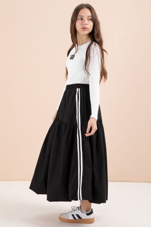 Siyah Şeritli Balon Etekli Uzun Kol Badili 2li Kız Çocuk Takım 23463