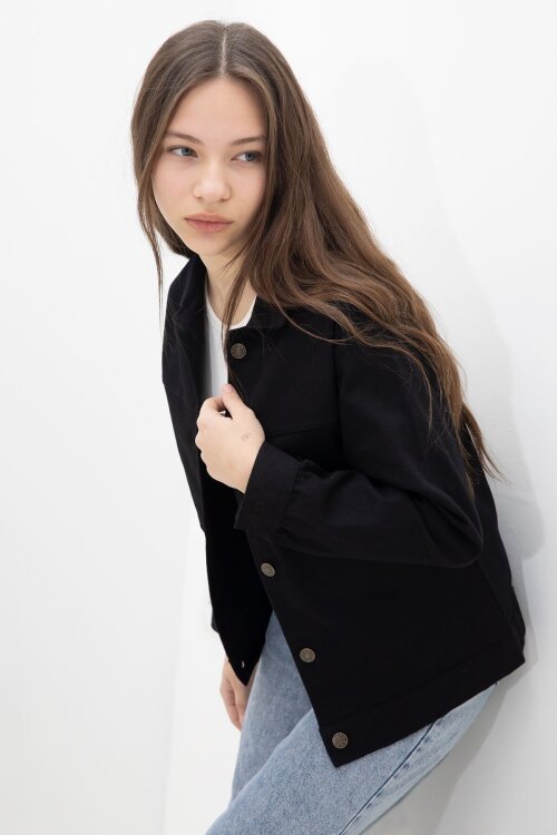 Siyah Sırtı Düğme Detaylı Kız Çocuk Gabardin Kumaş Ceket 23568