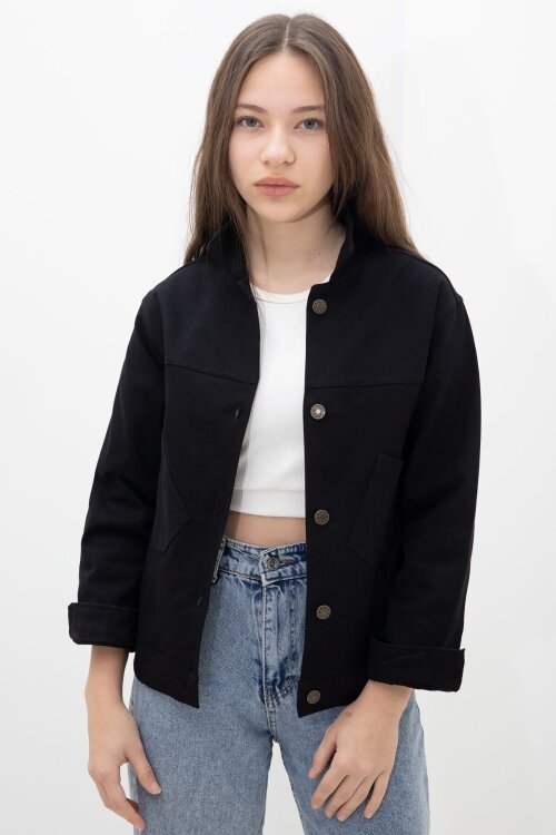 Siyah Sırtı Düğme Detaylı Kız Çocuk Gabardin Kumaş Ceket 23568