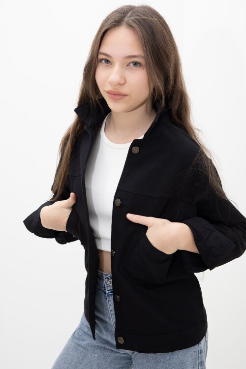 Siyah Sırtı Düğme Detaylı Kız Çocuk Gabardin Kumaş Ceket 23568