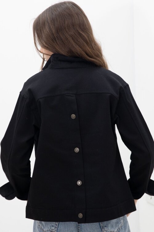 Siyah Sırtı Düğme Detaylı Kız Çocuk Gabardin Kumaş Ceket 23568