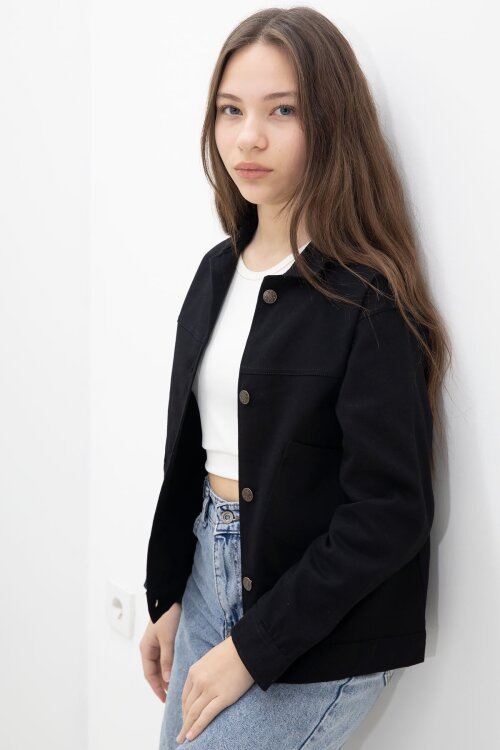 Siyah Sırtı Düğme Detaylı Kız Çocuk Gabardin Kumaş Ceket 23568