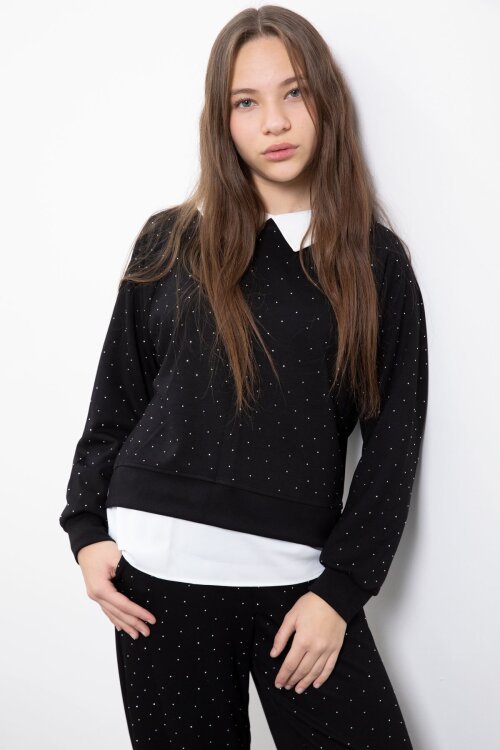 Siyah Taş Detaylı  Pantolonlu Kız Çocuk 3lü Gömlekli Takım  23477