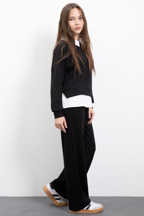 Siyah Taş Detaylı  Pantolonlu Kız Çocuk 3lü Gömlekli Takım  23477